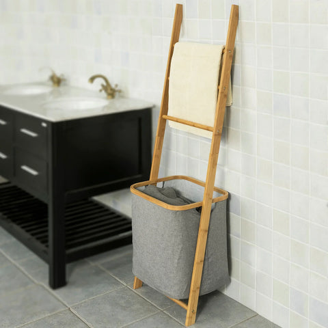 Rootz Bathroom Storage Shelf- Towel Holder with 3 Hanging Rails & Removable Laundry Basket