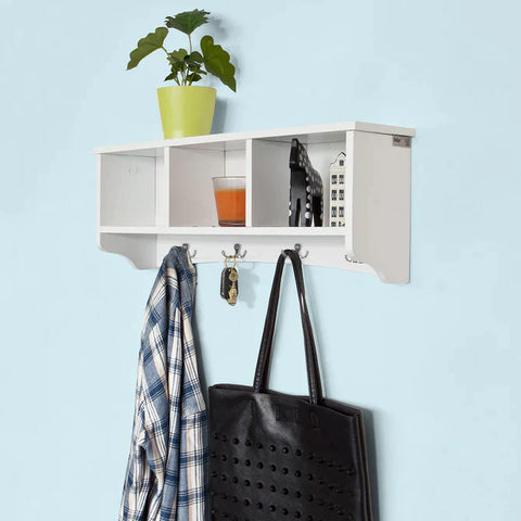 Rootz White Wall Display Storage Unit with 3 Components 4 Hooks-Wall Coat Rack Bathroom Kitchen Cupboard