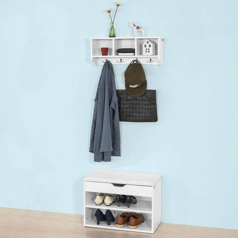 Rootz White Wall Display Storage Unit with 3 Components 4 Hooks-Wall Coat Rack Bathroom Kitchen Cupboard