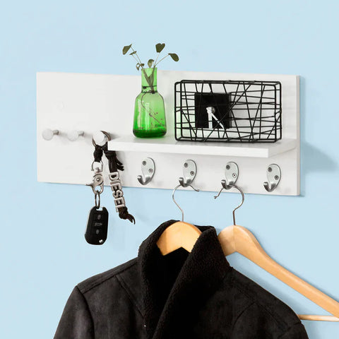 Rootz Wall Coat Rack with 7 Hangers and Storage Shelf - Wall Hook Hanger