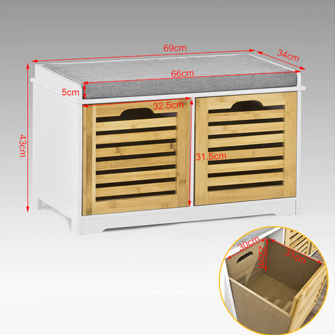 Rootz Storage Bench with 2 Drawers & Seat Cushion - Shoe Cabinet Storage Unit Bench