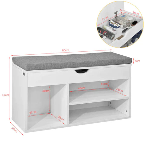 Rootz White Shoe Storage Cabinet Shoe Rack Shoe Bench with Lift Up Bench Top and Grey Cushion