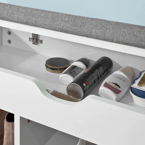 Rootz White Shoe Storage Cabinet Shoe Rack Shoe Bench with Lift Up Bench Top and Grey Cushion