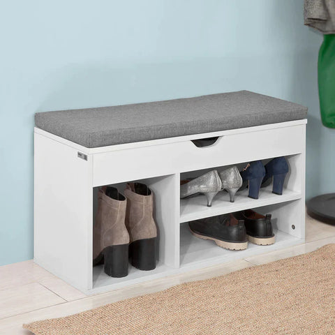 Rootz White Shoe Storage Cabinet Shoe Rack Shoe Bench with Lift Up Bench Top and Grey Cushion
