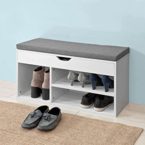Rootz White Shoe Storage Cabinet Shoe Rack Shoe Bench with Lift Up Bench Top and Grey Cushion