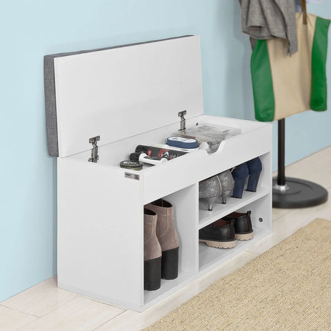 Rootz White Shoe Storage Cabinet Shoe Rack Shoe Bench with Lift Up Bench Top and Grey Cushion