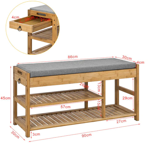 Rootz Bamboo Shoe Rack - Shoe Bench with Seat Cushion - Hallway Shoe Storage Bench Organizer with Drawers