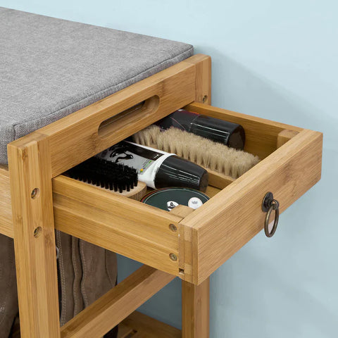Rootz Bamboo Shoe Rack - Shoe Bench with Seat Cushion - Hallway Shoe Storage Bench Organizer with Drawers