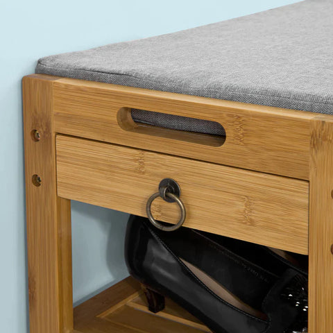 Rootz Bamboo Shoe Rack - Shoe Bench with Seat Cushion - Hallway Shoe Storage Bench Organizer with Drawers