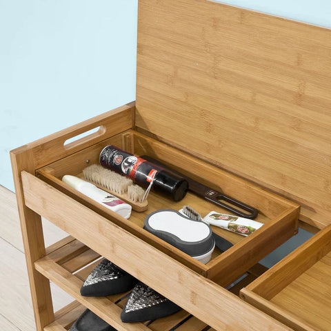 Rootz Bamboo Shoe Rack - Shoe Bench with Seat Cushion - Hallway Shoe Storage Bench Organizer with Drawers