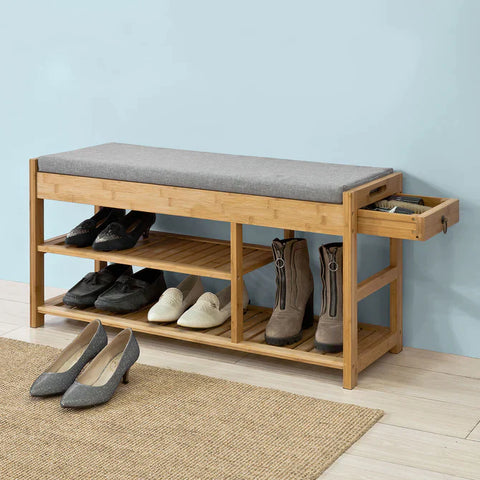 Rootz Bamboo Shoe Rack - Shoe Bench with Seat Cushion - Hallway Shoe Storage Bench Organizer with Drawers