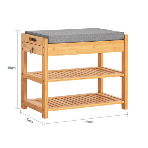 Rootz Bamboo Shoe Rack - Shoe Bench with Lift Up Bench Top and Seat Cushion - Hallway Shoe- Storage Bench Organizer with Drawer