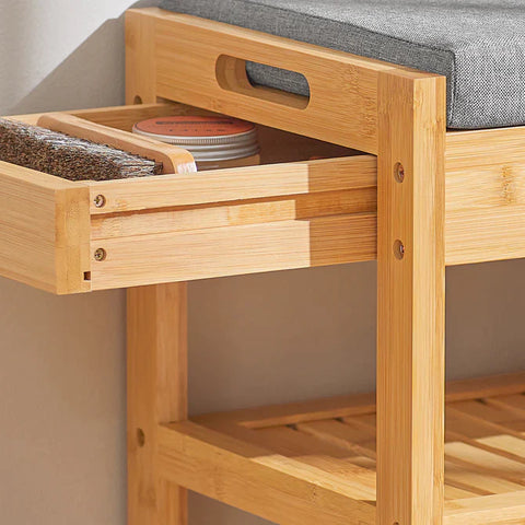 Rootz Bamboo Shoe Rack - Shoe Bench with Lift Up Bench Top and Seat Cushion - Hallway Shoe- Storage Bench Organizer with Drawer