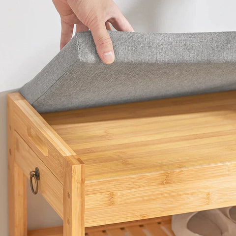 Rootz Bamboo Shoe Rack - Shoe Bench with Lift Up Bench Top and Seat Cushion - Hallway Shoe- Storage Bench Organizer with Drawer