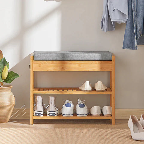 Rootz Bamboo Shoe Rack - Shoe Bench with Lift Up Bench Top and Seat Cushion - Hallway Shoe- Storage Bench Organizer with Drawer