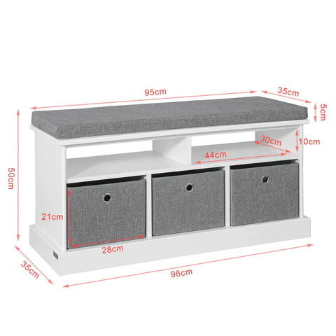 Rootz 3 Baskets Hallway Storage Bench - Shoe Bench - Shoe Rack - Shoe Cabinet with Seat Cushion