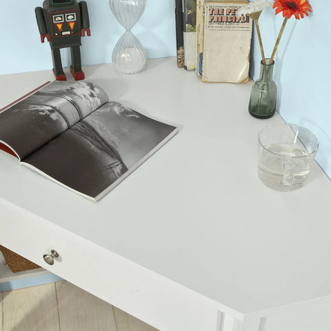 Rootz- White Corner Desk- Triangle Table Desk with Drawer- Home Office Desk Computer Desk Workstation