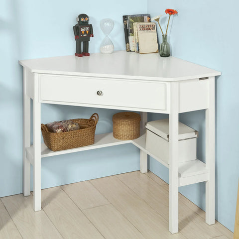 Rootz- White Corner Desk- Triangle Table Desk with Drawer- Home Office Desk Computer Desk Workstation