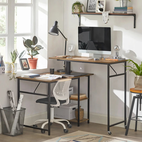 Rootz- Home Office Table Desk Computer Desk Standing Desk Sit Stand Desk Rotatable Desk with 2 Desktops and 2 Shelves