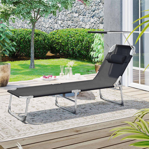 Rootz Sun Lounger - Outdoor Sun Lounger - Folding Sun Lounger - Adjustable Sun Lounger - Garden Sun Lounger - With Headrest And Sun Canopy - Black - 53 x 193 x 29.5 cm
