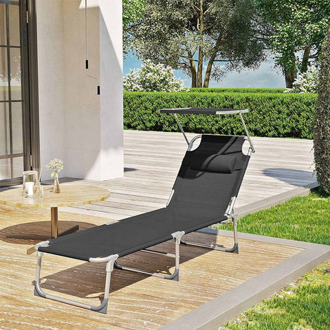 Rootz Sun Lounger - Outdoor Sun Lounger - Folding Sun Lounger - Adjustable Sun Lounger - Garden Sun Lounger - With Headrest And Sun Canopy - Black - 53 x 193 x 29.5 cm