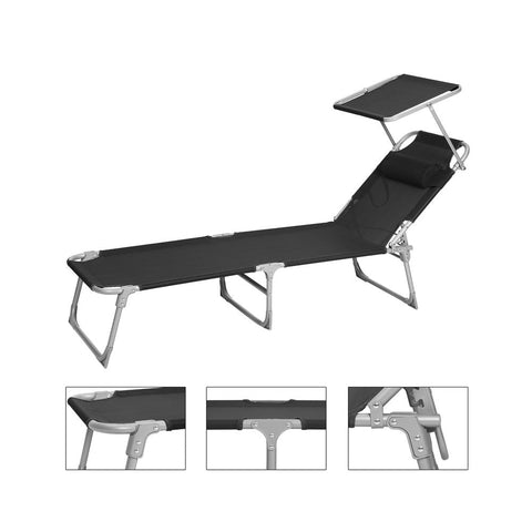 Rootz Sun Lounger - Outdoor Sun Lounger - Folding Sun Lounger - Adjustable Sun Lounger - Garden Sun Lounger - With Headrest And Sun Canopy - Black - 53 x 193 x 29.5 cm