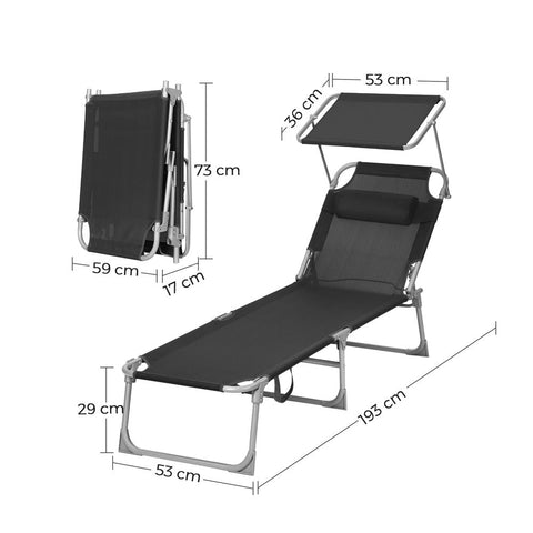 Rootz Sun Lounger - Outdoor Sun Lounger - Folding Sun Lounger - Adjustable Sun Lounger - Garden Sun Lounger - With Headrest And Sun Canopy - Black - 53 x 193 x 29.5 cm