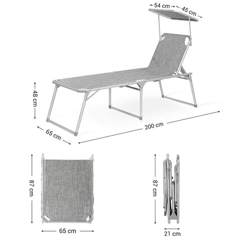 Rootz Sun Lounger - Outdoor Sun Lounger - Patio Sun Lounger - Garden Sun Lounger - Sunbed - Beach Sun Lounger - Portable Sun Lounger - Grey - 65 x 200 x 48 cm (L x W x H)