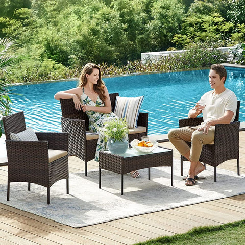 Rootz Garden Furniture Set - 4 Piece Balcony Furniture Set - Outdoor Furniture Set - Patio Furniture Set - Dining Set - Conversation Set - Bistro Set - Rattan Furniture Set - Brown/Taupe