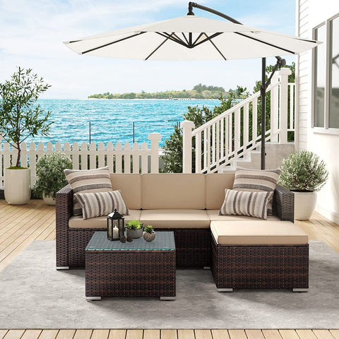 Rootz Garden Sofa - Garden Furniture Set - 3 Seater Sofa - Garden Sofa With Table - Outdoor Seating Set - Brown/Taupe