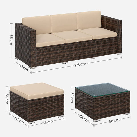 Rootz Garden Sofa - Garden Furniture Set - 3 Seater Sofa - Garden Sofa With Table - Outdoor Seating Set - Brown/Taupe