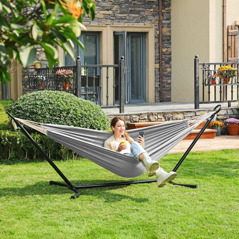 Rootz Hammock Stand - Hammock With Stand - Height Adjustable Hammock - Hammock Swing - Black Frame/Grey Hammock - 300 x 90 x 95 cm