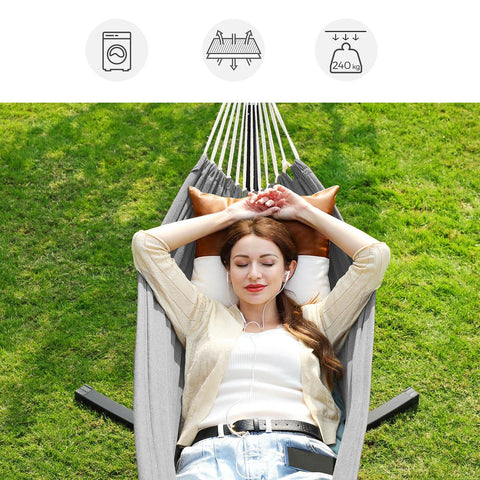 Rootz Hammock Stand - Hammock With Stand - Height Adjustable Hammock - Hammock Swing - Black Frame/Grey Hammock - 300 x 90 x 95 cm