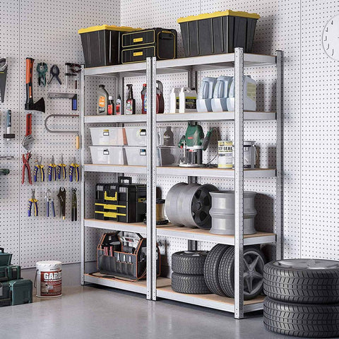 Rootz Storage Rack - Set Of 2 Storage Rack - Standing Shelf - Metal Shelf - 5 Shelves Storage Rack - Free-Standing Shelving Unit - Steel/E1 Grade MDF - Silver - 180 x 90 x 40 cm