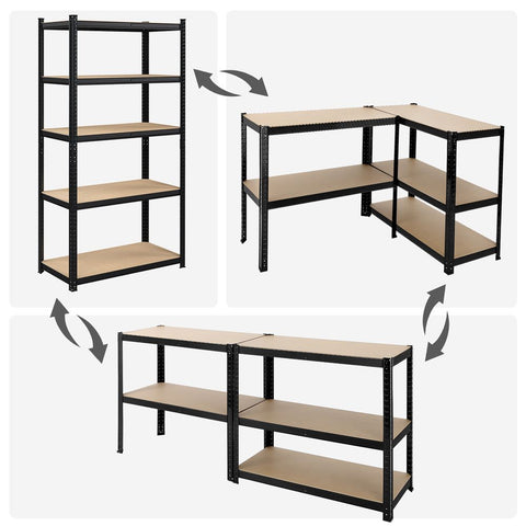 Rootz Storage Rack - Standing Shelf - Metal Shelf - With 5 Adjustable Shelves - Free-Standing Shelving Unit - Steel/E1 Grade MDF - Black - 180 x 90 x 40 cm