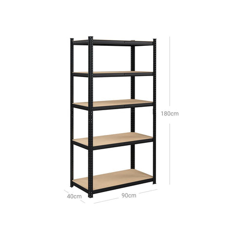 Rootz Storage Rack - Standing Shelf - Metal Shelf - With 5 Adjustable Shelves - Free-Standing Shelving Unit - Steel/E1 Grade MDF - Black - 180 x 90 x 40 cm