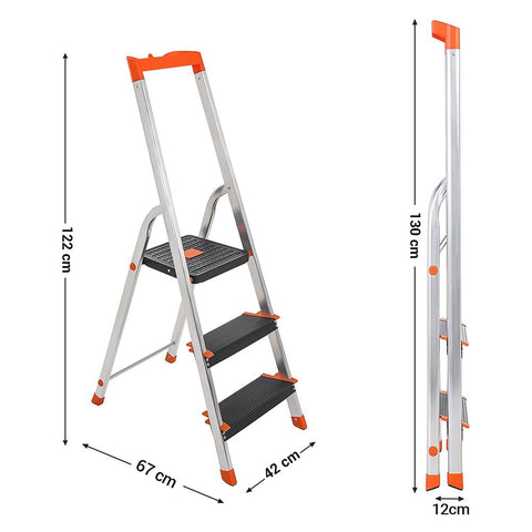 Rootz Ladder - Stepladder - Ladder With 3 Steps - Folding Stepladder - Portable Stepladder - Kitchen Stepladder - Bathroom Stepladder - Lightweight Stepladder - Silver/Black/Orange - 42 x 56 x 122 cm
