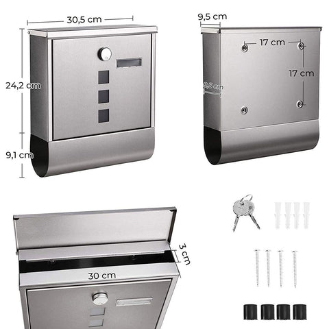Rootz Mailbox - Wall Letterbox - Wall Mailbox - Stainless Steel Mailbox - Wall-Mounted Mailbox - Post-Mounted Mailbox - Mailbox For Letters - Silver - 30.5 x 9.5 x 33.3 cm