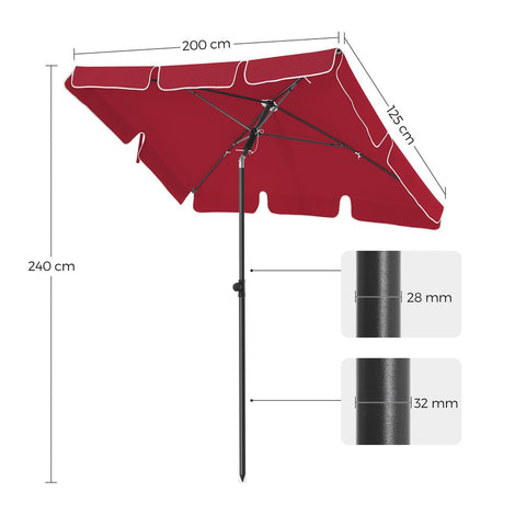 Rootz Parasol - Parasol Rectangular - Beach Umbrella - Garden Umbrella - Outdoor Parasol - Garden Parasol - Sunshade Parasol - Umbrella Parasol - Foldable - Red - 200 x 125 cm