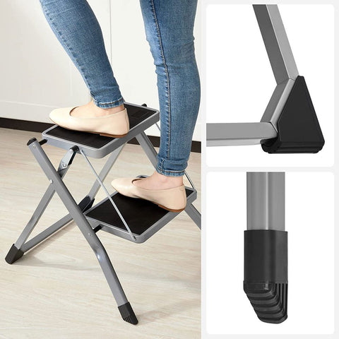 Rootz Stepladder - Stepladder With 2 Steps - Folding Stepladder - Portable Stepladder - Kitchen Stepladder - Bathroom Stepladder - Lightweight Stepladder - Grey/Black