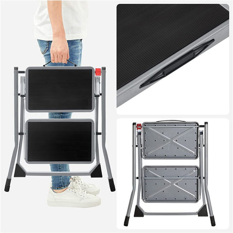 Rootz Stepladder - Stepladder With 2 Steps - Folding Stepladder - Portable Stepladder - Kitchen Stepladder - Bathroom Stepladder - Lightweight Stepladder - Grey/Black