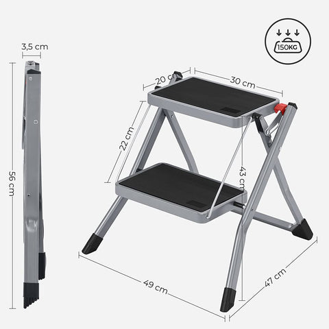 Rootz Stepladder - Stepladder With 2 Steps - Folding Stepladder - Portable Stepladder - Kitchen Stepladder - Bathroom Stepladder - Lightweight Stepladder - Grey/Black