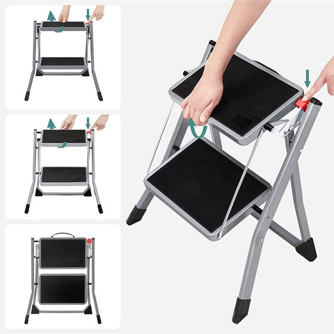 Rootz Stepladder - Stepladder With 2 Steps - Folding Stepladder - Portable Stepladder - Kitchen Stepladder - Bathroom Stepladder - Lightweight Stepladder - Grey/Black