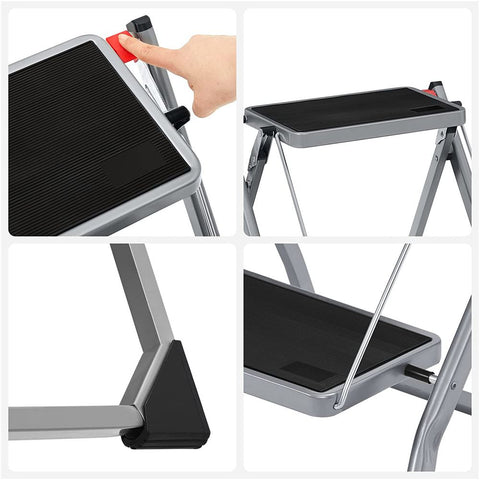 Rootz Stepladder - Stepladder With 2 Steps - Folding Stepladder - Portable Stepladder - Kitchen Stepladder - Bathroom Stepladder - Lightweight Stepladder - Grey/Black