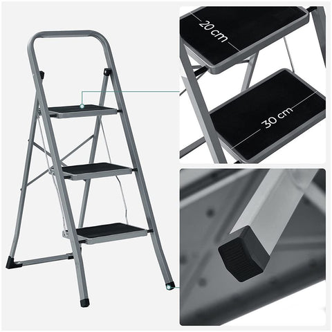 Rootz Step Stool - Step Stool With 3 Steps - Folding Step Stool - Portable Step Stool - Kitchen Step Stool - Bathroom Step Stool - Lightweight Step Stool - Grey/Black