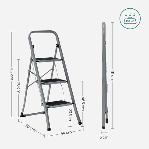 Rootz Step Stool - Step Stool With 3 Steps - Folding Step Stool - Portable Step Stool - Kitchen Step Stool - Bathroom Step Stool - Lightweight Step Stool - Grey/Black
