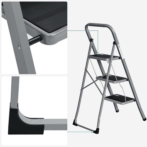 Rootz Step Stool - Step Stool With 3 Steps - Folding Step Stool - Portable Step Stool - Kitchen Step Stool - Bathroom Step Stool - Lightweight Step Stool - Grey/Black