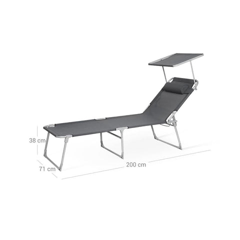 Rootz Sun Lounger - Sun Lounger With Canopy - Outdoor Sun Lounger - Patio Sun Lounger - Garden Sun Lounger - Sunbed - Beach Sun Lounger - Portable Sun Lounger - Smoke Grey - 71 x 200 x 38 cm (L x W x H)