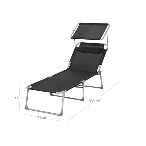 Rootz Sun Lounger - Sun Lounger With Canopy - Outdoor Sun Lounger - Patio Sun Lounger - Garden Sun Lounger - Sunbed - Beach Sun Lounger - Portable Sun Lounger - Black - 71 x 200 x 38 cm (L x W x H)