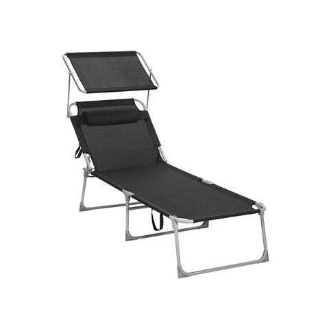 Rootz Sun Lounger - Sun Lounger With Canopy - Outdoor Sun Lounger - Patio Sun Lounger - Garden Sun Lounger - Sunbed - Beach Sun Lounger - Portable Sun Lounger - Black - 71 x 200 x 38 cm (L x W x H)